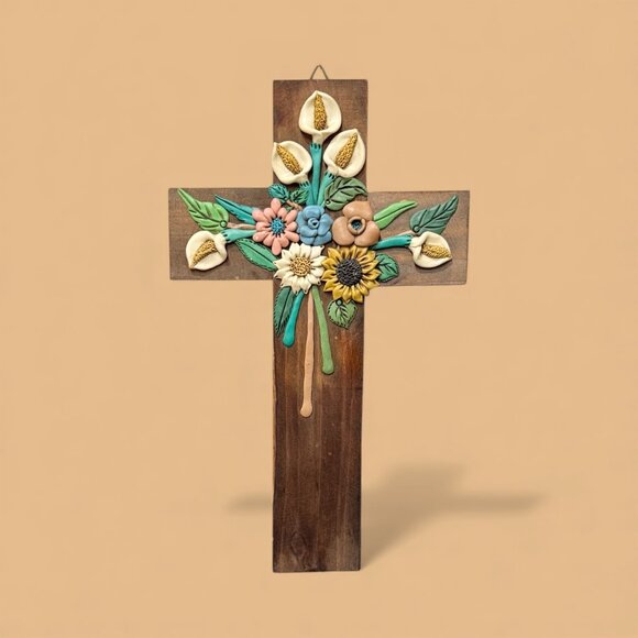 Vintage Handmade Italian Wood Cross with Clay Flowers - Picture 1 of 9